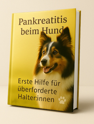 Buchcover des Freebies „Pankreatitis beim Hund: Ernährung verstehen & sicher füttern“. Abgebildet ist ein freundlicher Sheltie vor goldenem Hintergrund. Untertitel: „Erste Hilfe für überforderte Halter:innen“. Ideal für Hundehalter:innen, die bei der Fütterung nach einer Pankreatitis unsicher sind.