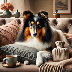 Tricolor Sheltie mit Pankreatitis liegt krank auf einem Sofa, mit einer Wärmflasche auf dem Bauch und einer Decke zugedeckt. Auf einem Beistelltisch steht eine dampfende Tasse Tee.