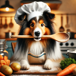 Gesunde, professionelle Hundeernährung: Sheltie mit Kochmütze in der Küche – Symbol für artgerechte, bedarfsgerechte Fütterung von Hunden