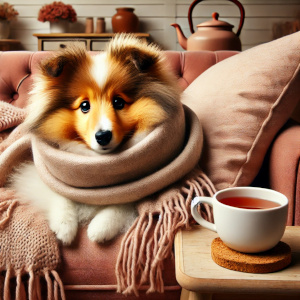 Kranker Hund mit Schal auf dem Sofa neben einer Tasse Tee – Bauchspeicheldrüsenerkrankungen beim Hund erfordern besondere Fürsorge.