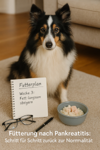 Ein Sheltie sitzt auf einem Teppich vor einem Notizbuch mit dem Eintrag ‚Futterplan – Woche 3: Fett langsam steigern‘. Daneben liegen eine Brille, ein Stift und ein Napf mit Schonkost aus Reis und Hühnerfleisch. Text im Bild: ‚Fütterung nach Pankreatitis: Schritt für Schritt zurück zur Normalität