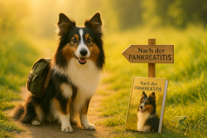 Sheltie mit Rucksack sitzt auf einem sonnenbeschienenen Feldweg neben einem Wegweiser mit der Aufschrift „Nach der Pankreatitis“ und einem gelben Buch zum Thema Bauchspeicheldrüse beim Hund