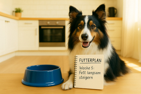 Hund sitzt in einer hellen, modernen Küche vor einem blauen Keramiknapf. Daneben liegt ein Notizbuch mit der Aufschrift „Futterplan – Woche 5: Fett langsam steigern