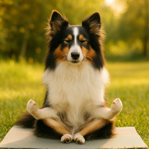 Ein tricolor Sheltie sitzt entspannt im Schneidersitz auf einer Yogamatte in einem lichtdurchfluteten Raum. Die Augen sind halb geschlossen, die Ohren leicht zurückgelegt. Im Hintergrund stehen Pflanzen und eine Buddha-Statue – die Szene strahlt Ruhe, Balance und Achtsamkeit aus.