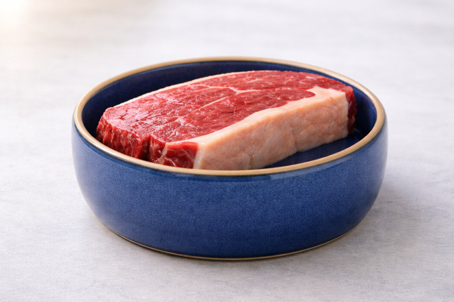 Blauer Keramiknapf mit einem Stück fettem Fleisch als symbolische Darstellung zur Einordnung von Fett bei Pankreatitis beim Hund