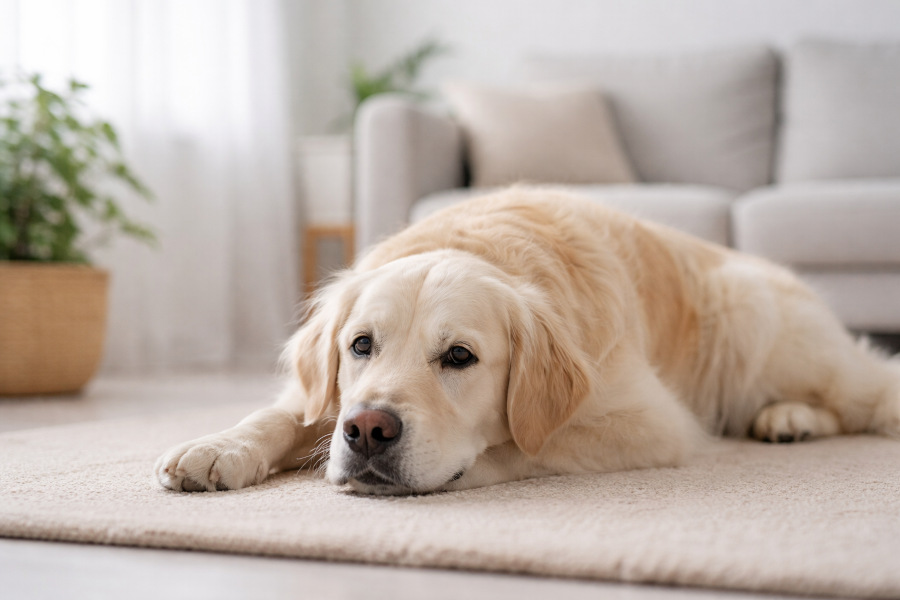 Ruhiger Hund liegt entspannt im Wohnzimmer – symbolisches Bild für Stabilität und Entlastung bei Pankreatitis