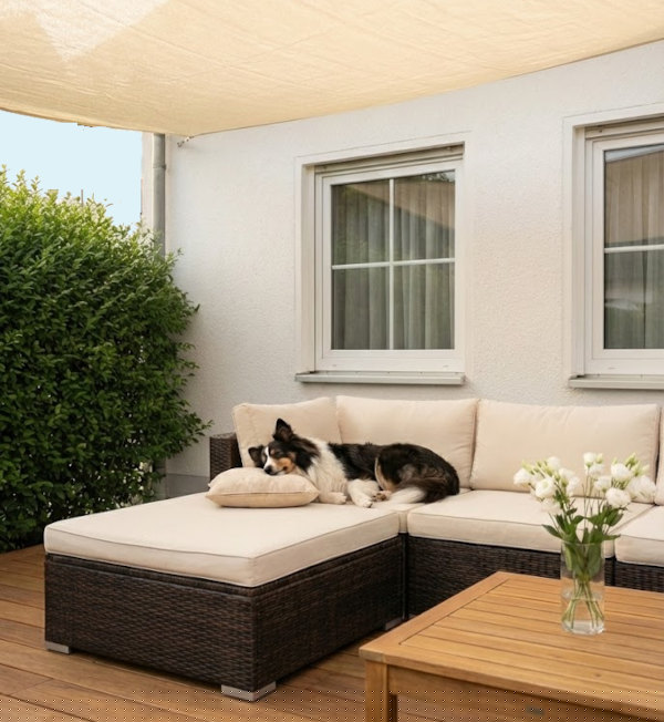 Ruhender Shetland Sheepdog auf einer überdachten Terrasse mit Lounge – ruhige Alltagssituation bei chronischer Pankreatitis beim Hund